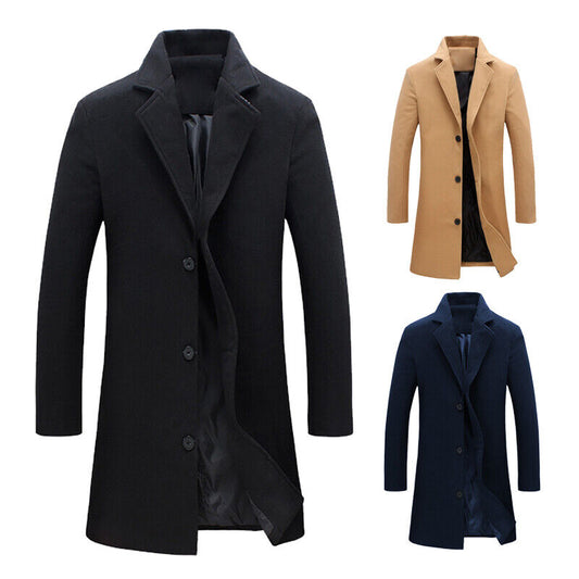 Men’s Winter Warm Trench Coat – Long Formal Jacket with Button-Up Design, Stylish Smart Work Overcoat