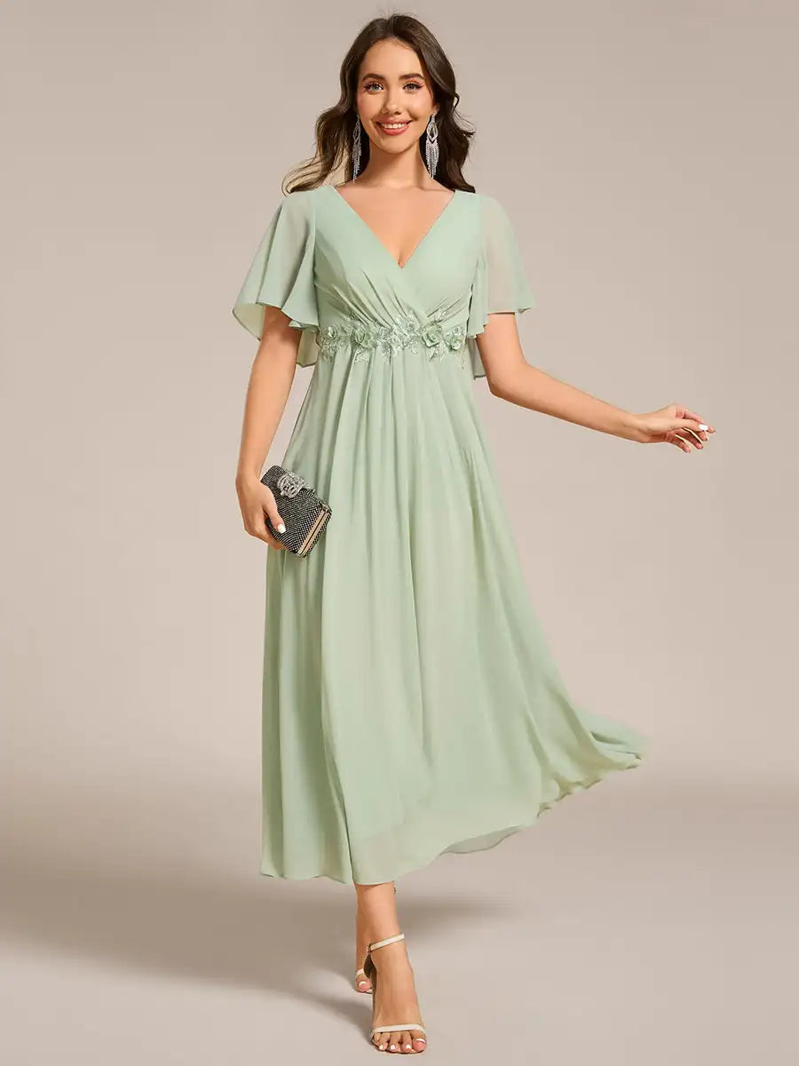 Mint Green Formal Evening Dress – Deep V-Neck Applique Ruffle Tea-Length Gown with Short Sleeves (Wedding Guest Dress, Corporate Event, Office Dress-Up)
