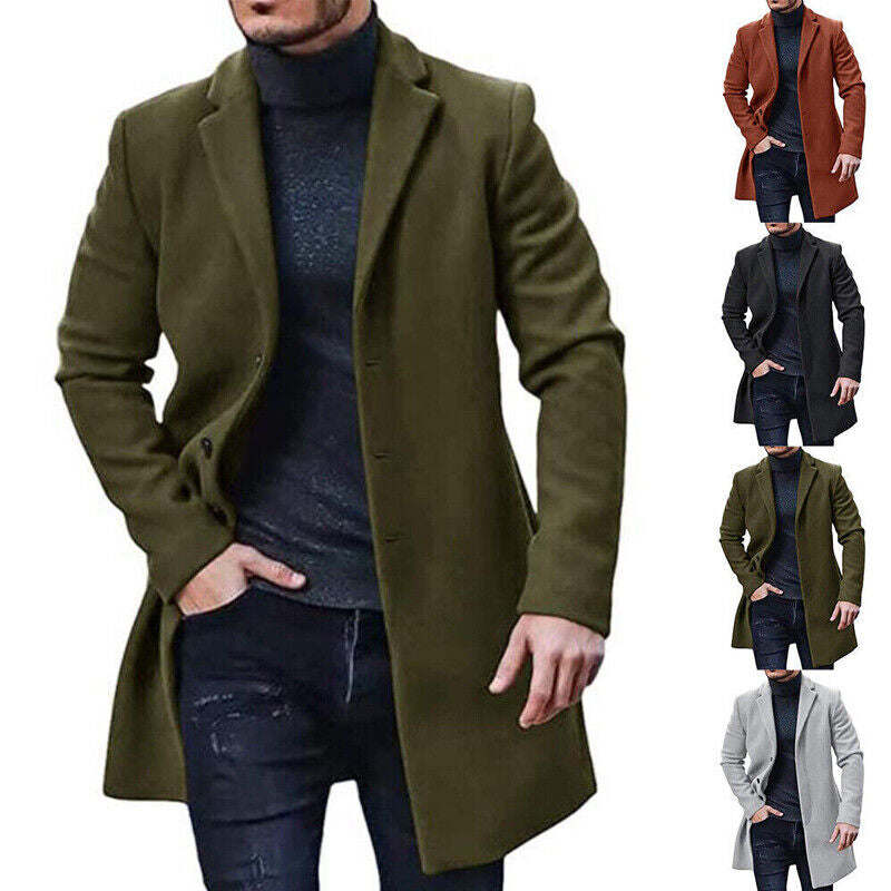 Men’s Winter Warm Trench Coat – Long Smart Formal Overcoat with Button Accents, Pockets & Lining