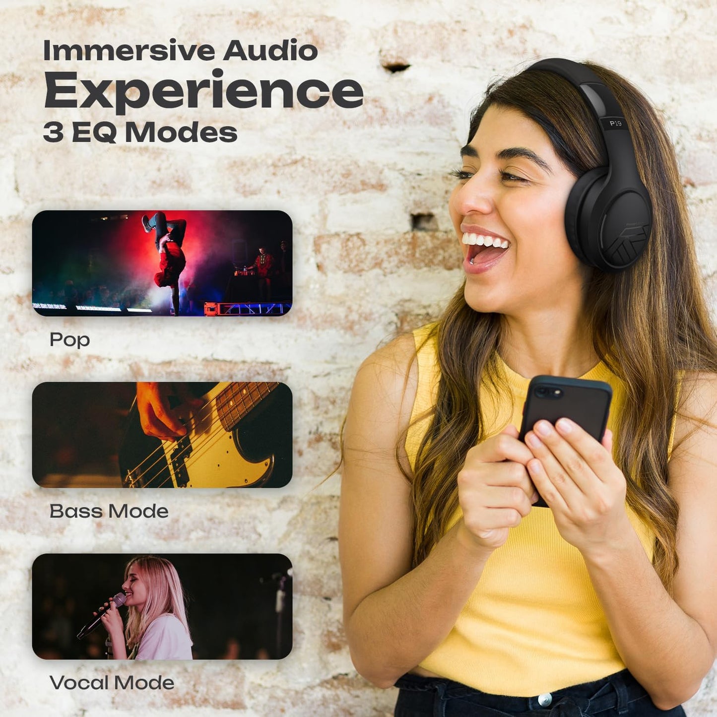 Bluetooth Headphones, Bluetooth Headphones over Ear, Wireless Headphones with Microphone, 3 EQ Modes, 60Hrs Playtime, Foldable Headphones, Fabric Headband, Hi-Fi Stereo for Work/Travel/Pc