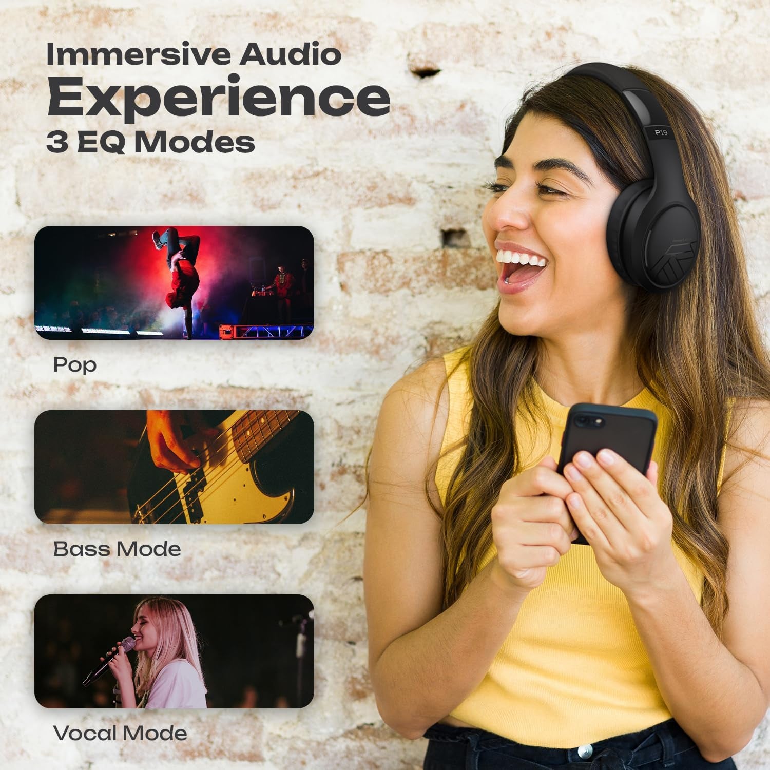 Bluetooth Headphones, Bluetooth Headphones over Ear, Wireless Headphones with Microphone, 3 EQ Modes, 60Hrs Playtime, Foldable Headphones, Fabric Headband, Hi-Fi Stereo for Work/Travel/Pc