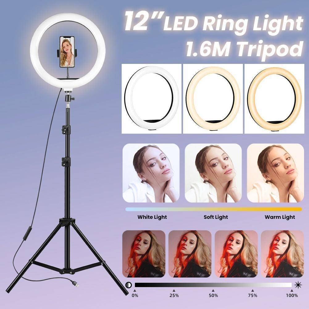 12" to 14" LED Selfie Ring Light with Tripod Stand & Phone Holder for Makeup Live