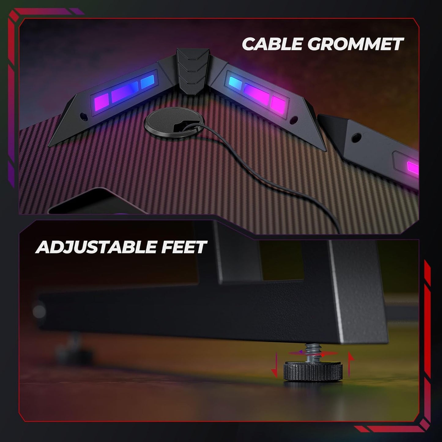 Gaming Desk with LED, 120 Cm Gamer Workstation, Home Computer with Carbon Fiber Surface, Black
