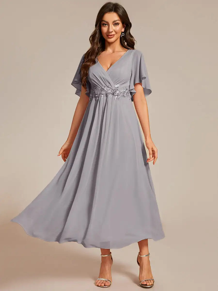 Mint Green Formal Evening Dress – Deep V-Neck Applique Ruffle Tea-Length Gown with Short Sleeves (Wedding Guest Dress, Corporate Event, Office Dress-Up)