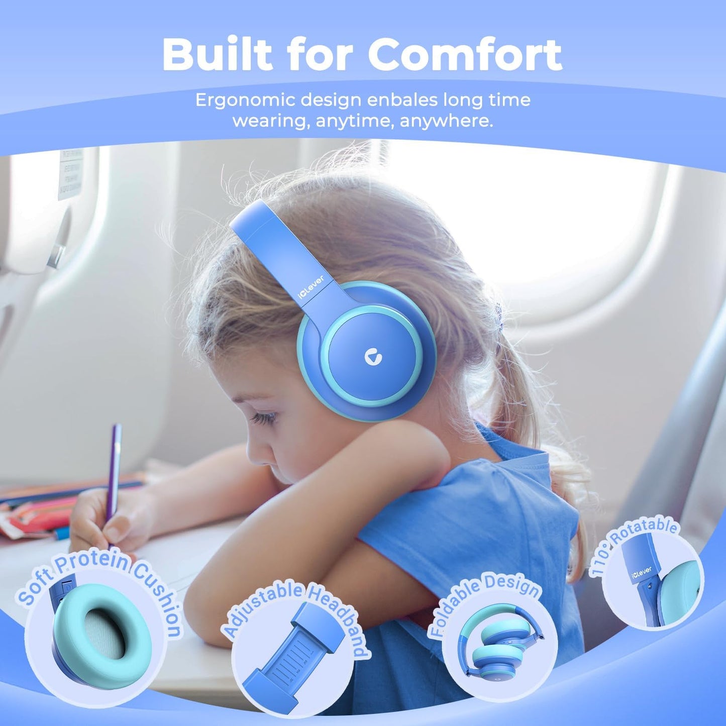 BTH26 Active Noise Cancelling Headphones for Kids, 60H Play Time, Safe Volume 80Dba, Type C Fast Charging, Bluetooth5.4, Kids Bluetooth Headphones with Mic AUX Cord for Ipad Airplane, Blue