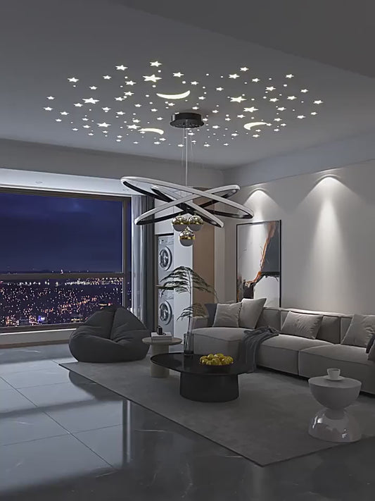 Modern Living Room Ring Chandelier with Moon Stars Creative Black/Gold Ring Circle LED Chandelier Light for Bedroom Dining Room