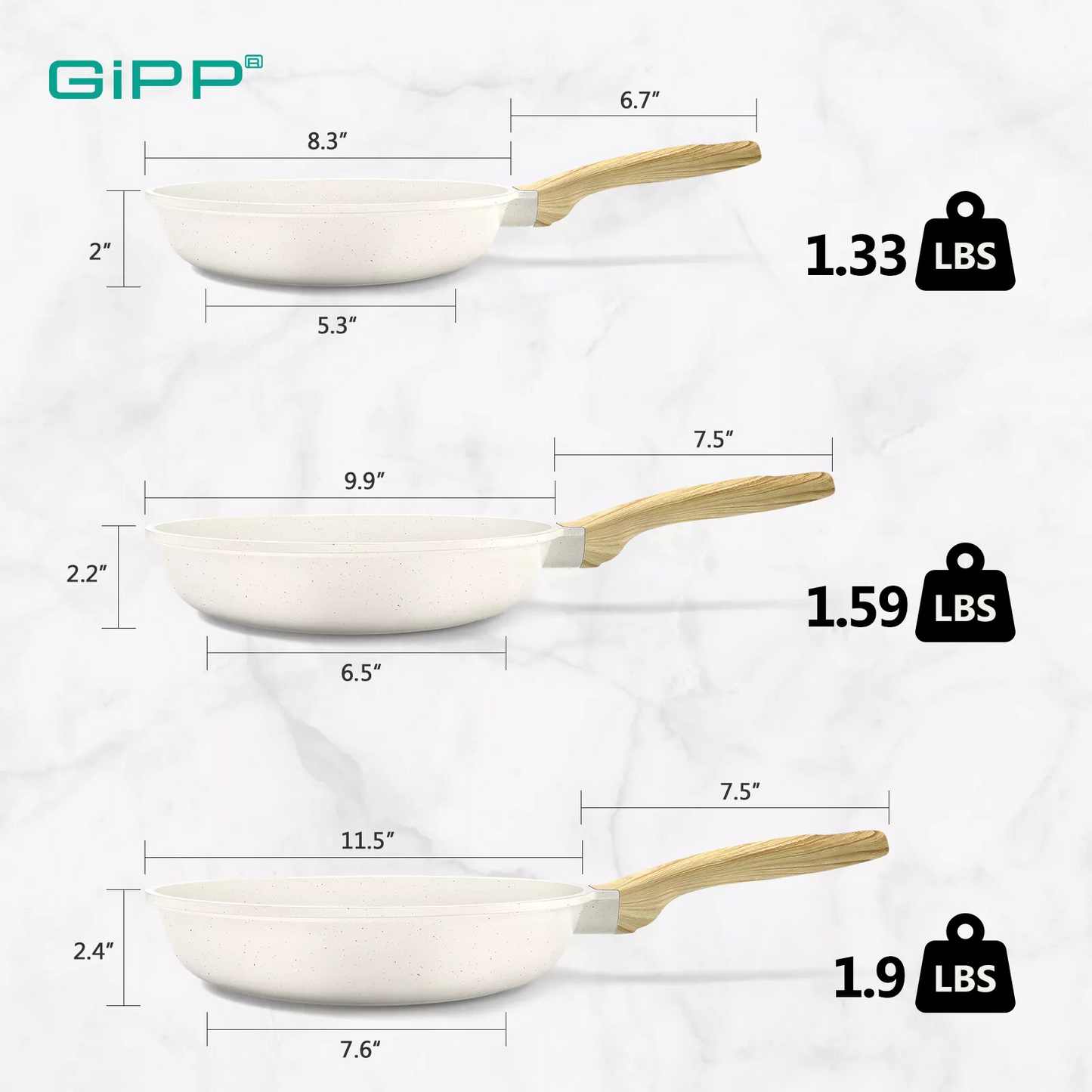 Non-Stick Frying Pan Set (20cm, 24cm, 28cm) – Non-Toxic Granite Skillets with Ergonomic Handle & Glass Lid