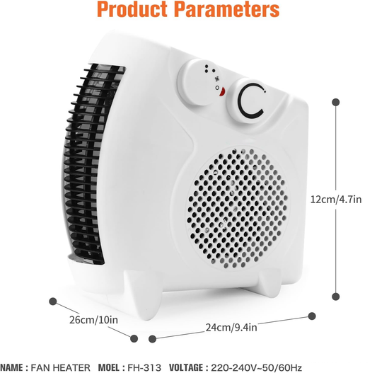 Portable Electric Fan Heater – 1000W/1500W Heat Settings, Overheat Protection, Compact & Versatile Design