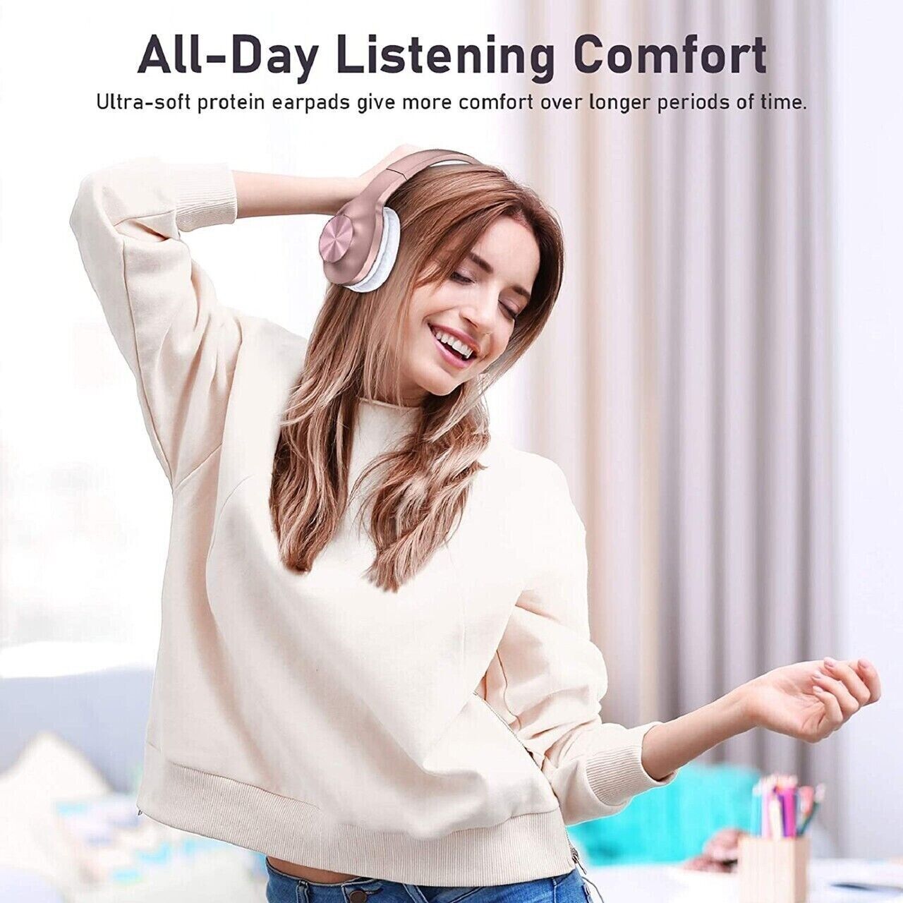 ROSE GOLD Bluetooth 5.0 over Ear Headphones, Soft Pads, Built-In Mic