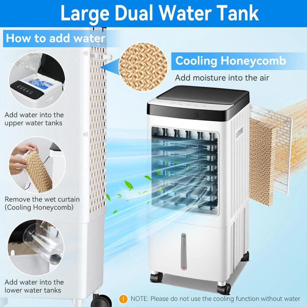 8L Portable Air Cooler Fan with Remote Control – Ice Cold Evaporative Cooling Unit with 3 Ice Packs, 3 Speeds, Timer & Large Water Tank – Eco-Friendly Conditioner for Home or Office (65W)