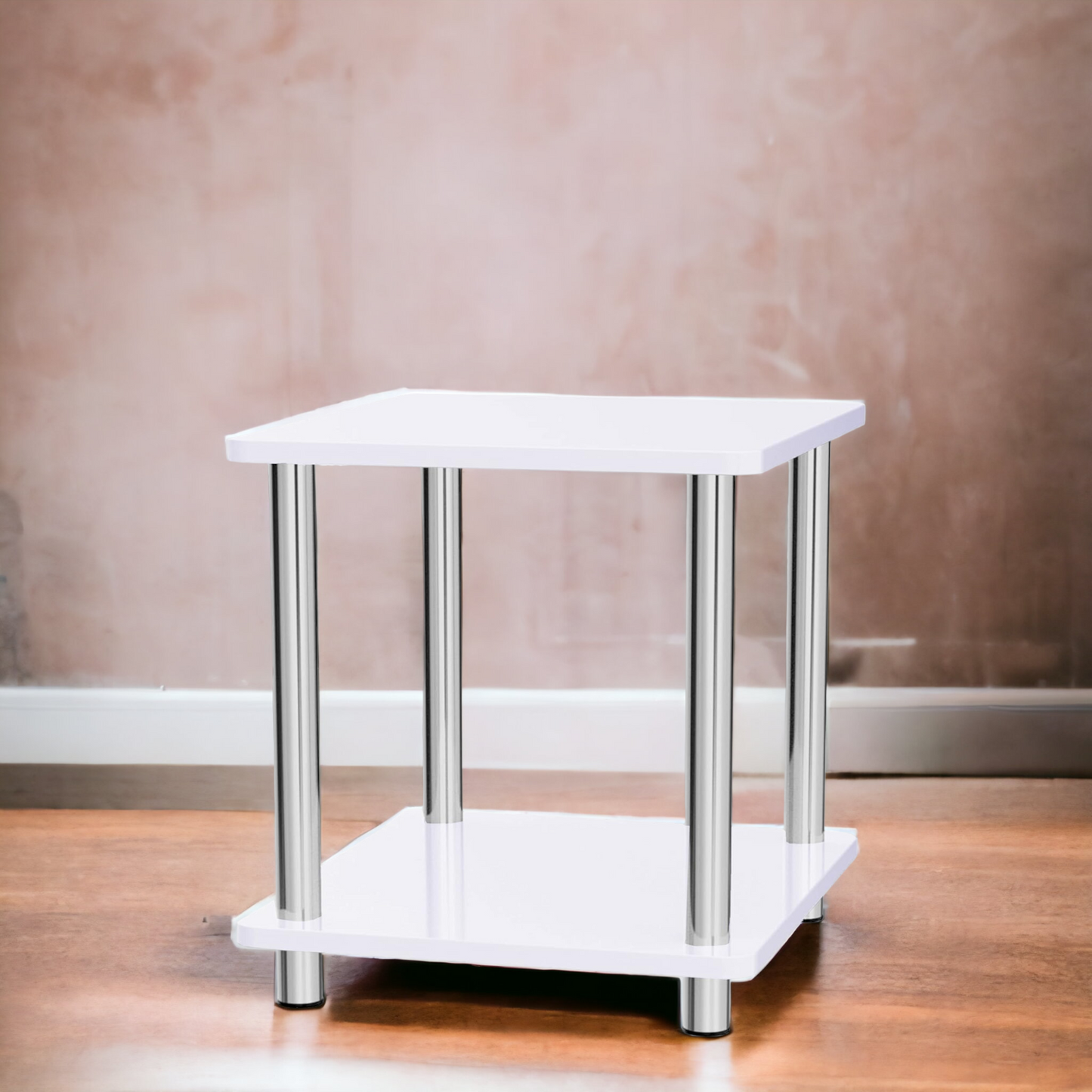 Small 2-Tier White Gloss Side Table with Shelf - Perfect for Bedroom, Coffee, or End Table