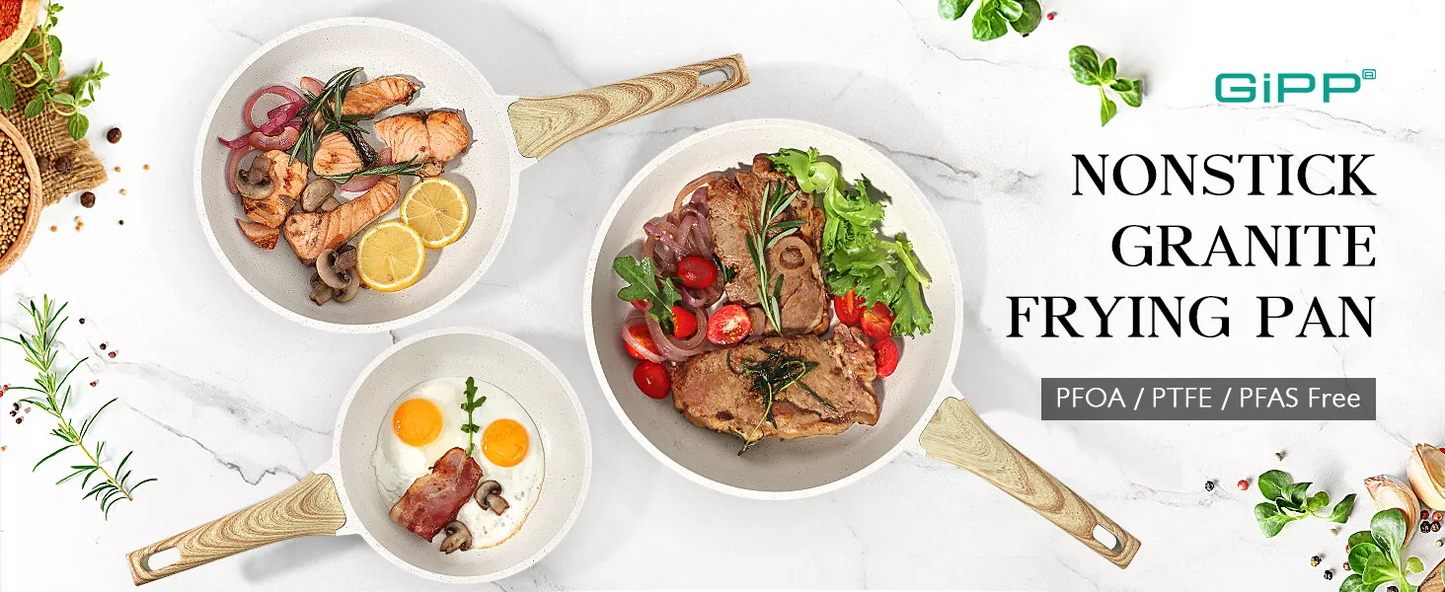 Non-Stick Frying Pan Set (20cm, 24cm, 28cm) – Non-Toxic Granite Skillets with Ergonomic Handle & Glass Lid