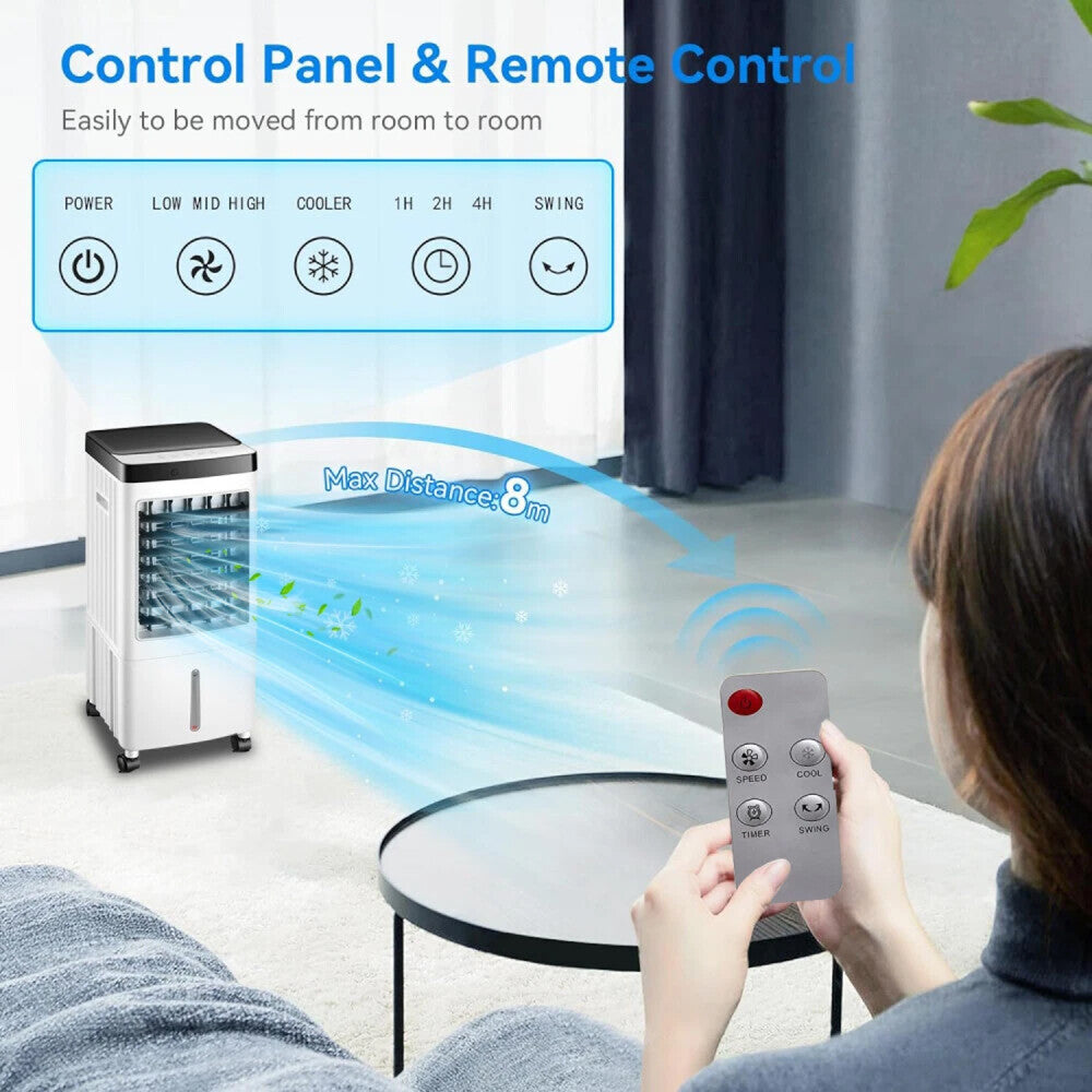 8L Portable Air Cooler Fan with Remote Control – Ice Cold Evaporative Cooling Unit with 3 Ice Packs, 3 Speeds, Timer & Large Water Tank – Eco-Friendly Conditioner for Home or Office (65W)