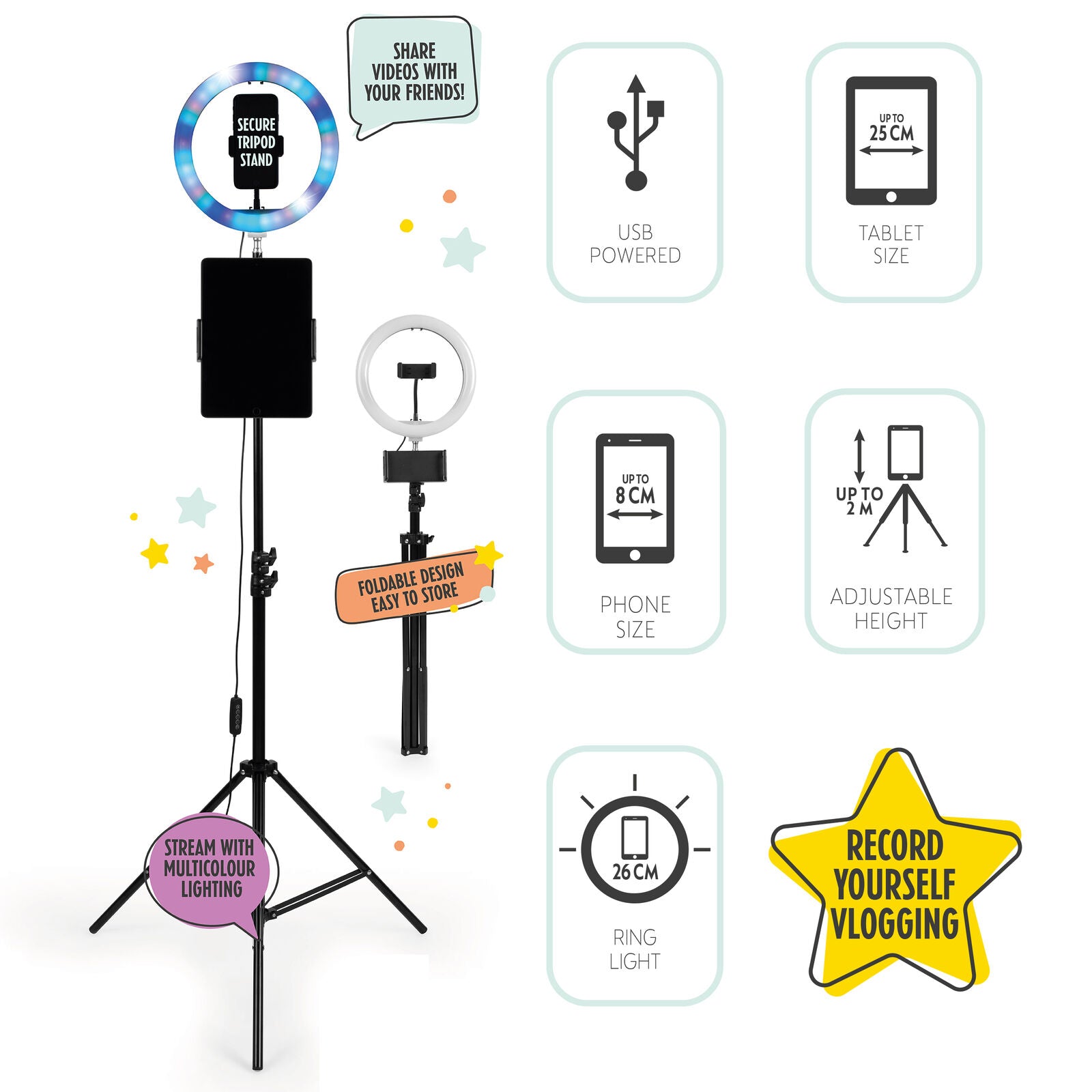 Selfie Light Free-Stand Phone/Tablet Holder Adjustable Height Foldable