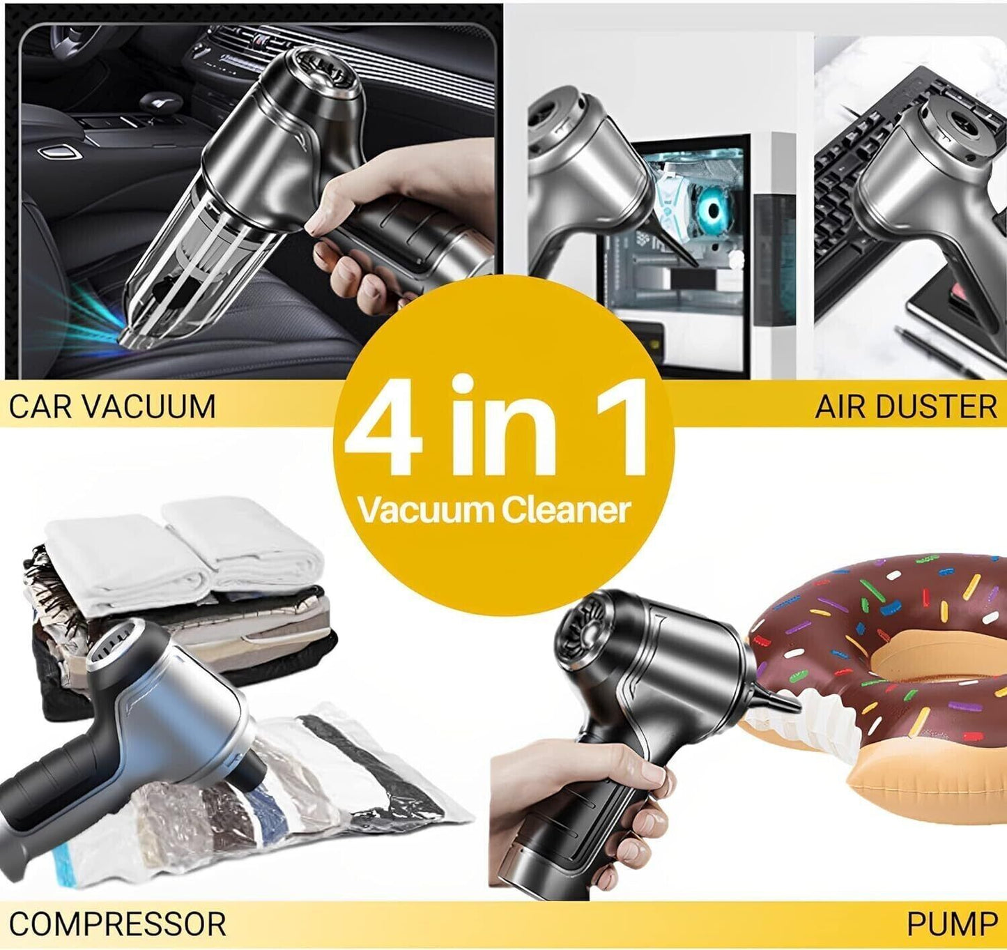 Cordless 3-in-1 Car Vacuum Cleaner – Powerful 95000PA Wet/Dry Handheld Vacuum with Blower & Pump, USB Rechargeable