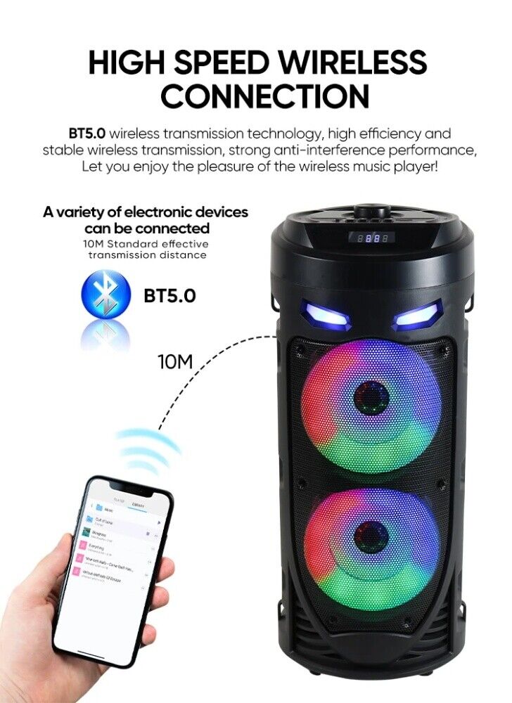 Heavy Bass Portable Bluetooth Speaker with FM, Subwoofer, and Party Lights – Perfect for Any Gathering