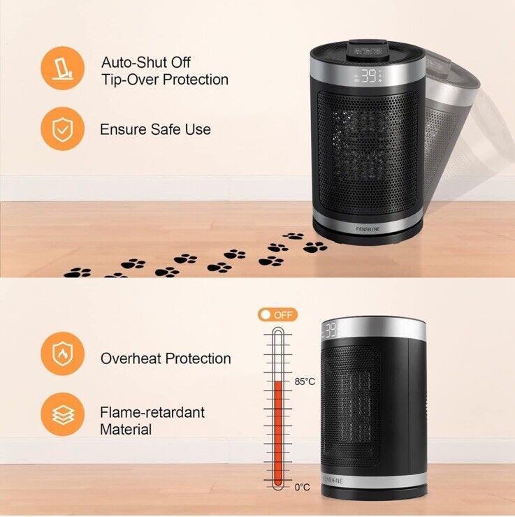 Electric Space Heater 1500W PTC Ceramic with 70° Oscillation, Remote Control & Timer – Portable Indoor Heater