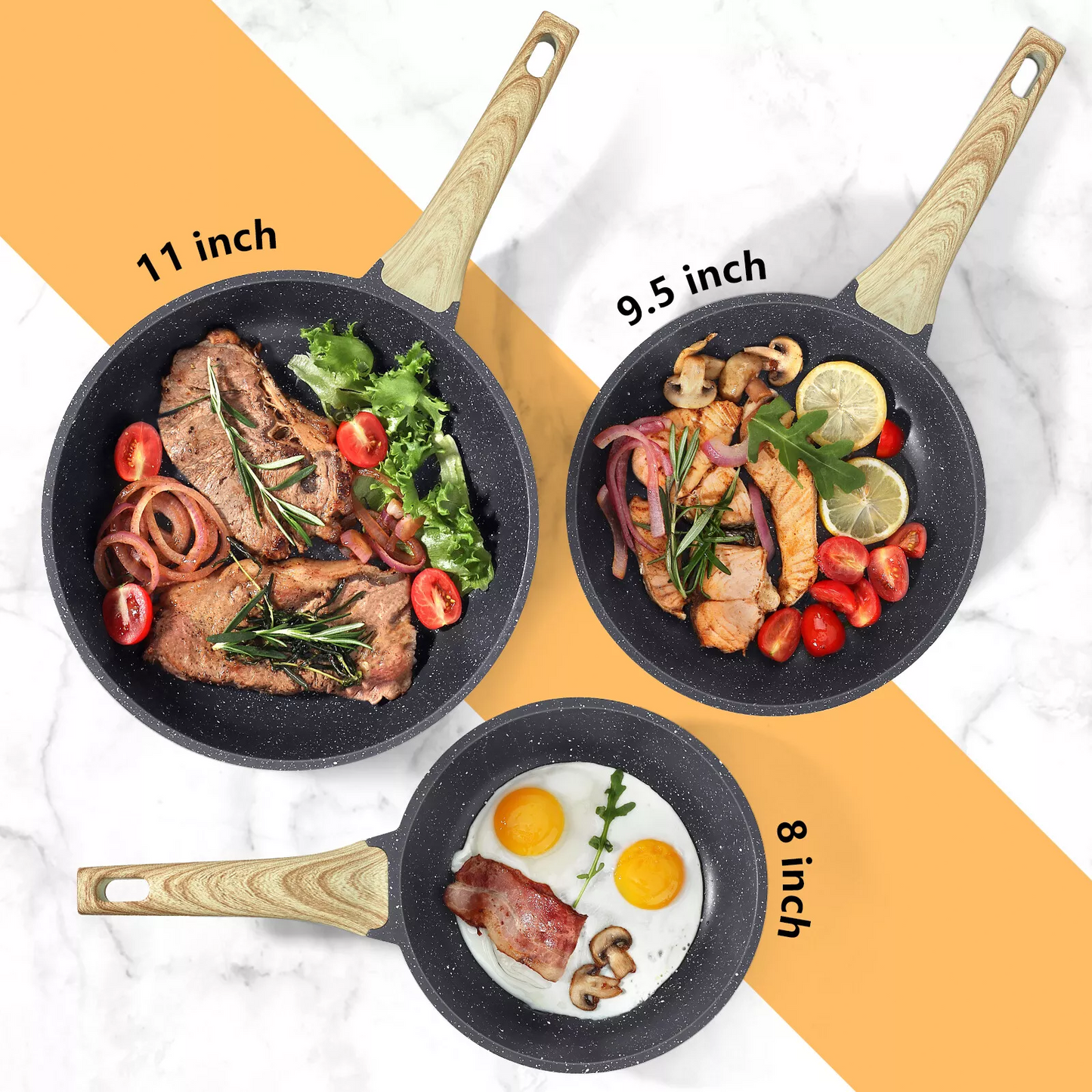 Non-Stick Frying Pan Set (20cm, 24cm, 28cm) – Non-Toxic Granite Skillets with Ergonomic Handle & Glass Lid