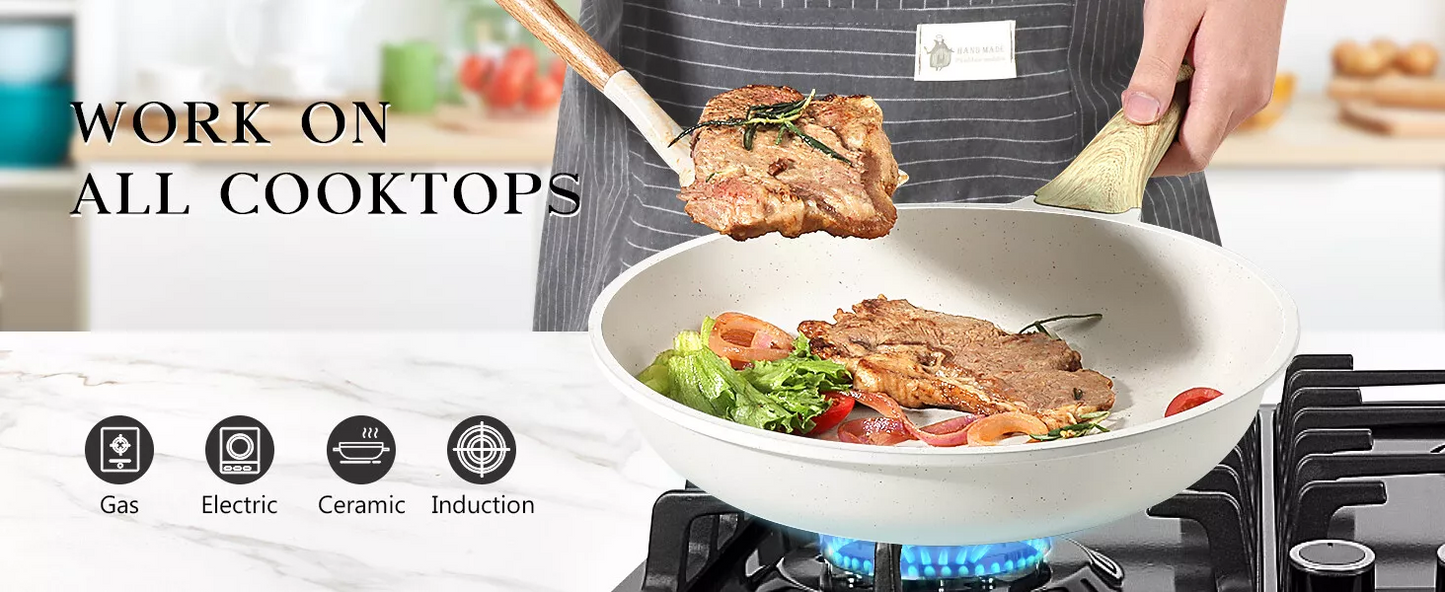 Non-Stick Frying Pan Set (20cm, 24cm, 28cm) – Non-Toxic Granite Skillets with Ergonomic Handle & Glass Lid