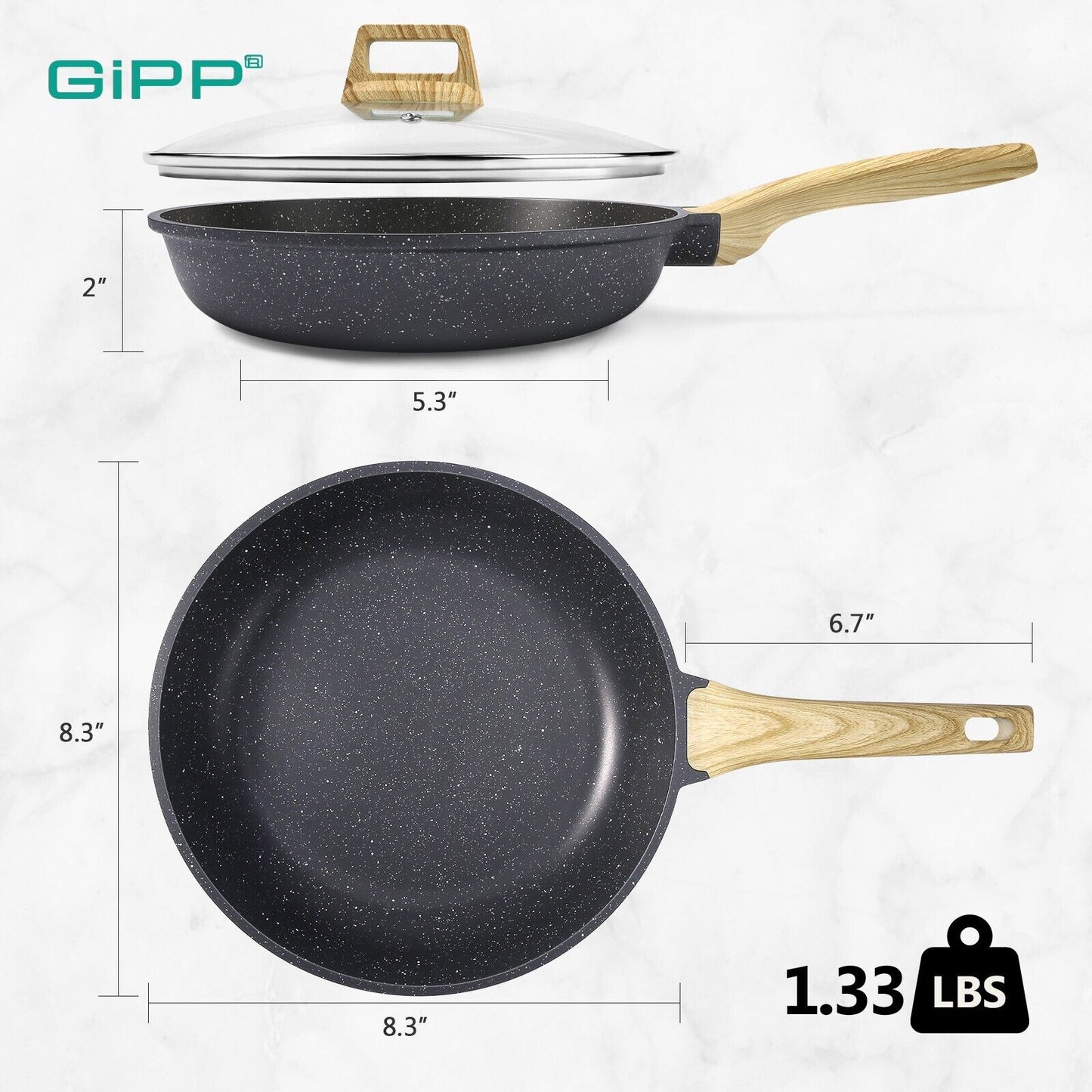 Non-Stick Frying Pan Set (20cm, 24cm, 28cm) – Non-Toxic Granite Skillets with Ergonomic Handle & Glass Lid