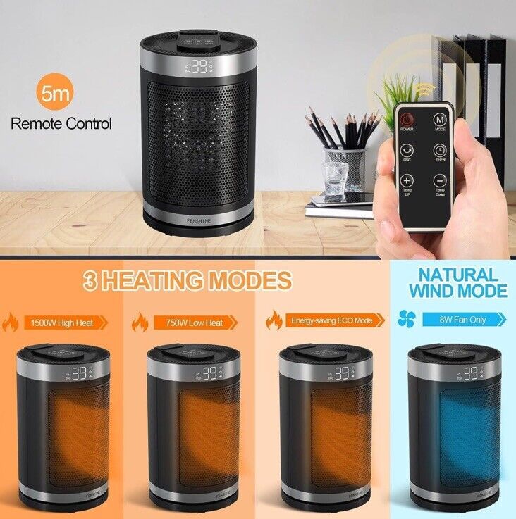 Electric Space Heater 1500W PTC Ceramic with 70° Oscillation, Remote Control & Timer – Portable Indoor Heater