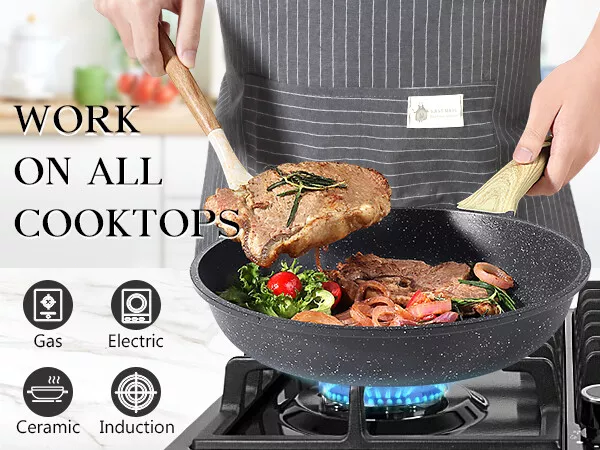 Non-Stick Frying Pan Set (20cm, 24cm, 28cm) – Non-Toxic Granite Skillets with Ergonomic Handle & Glass Lid