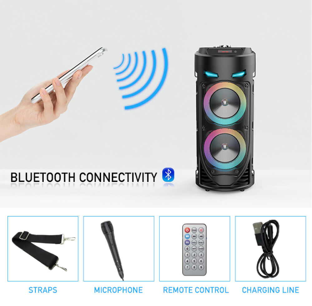 Heavy Bass Portable Bluetooth Speaker with FM, Subwoofer, and Party Lights – Perfect for Any Gathering