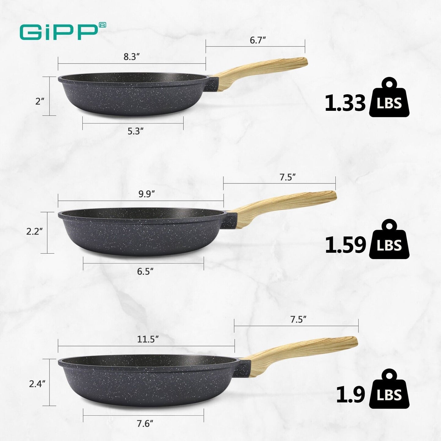 Non-Stick Frying Pan Set (20cm, 24cm, 28cm) – Non-Toxic Granite Skillets with Ergonomic Handle & Glass Lid
