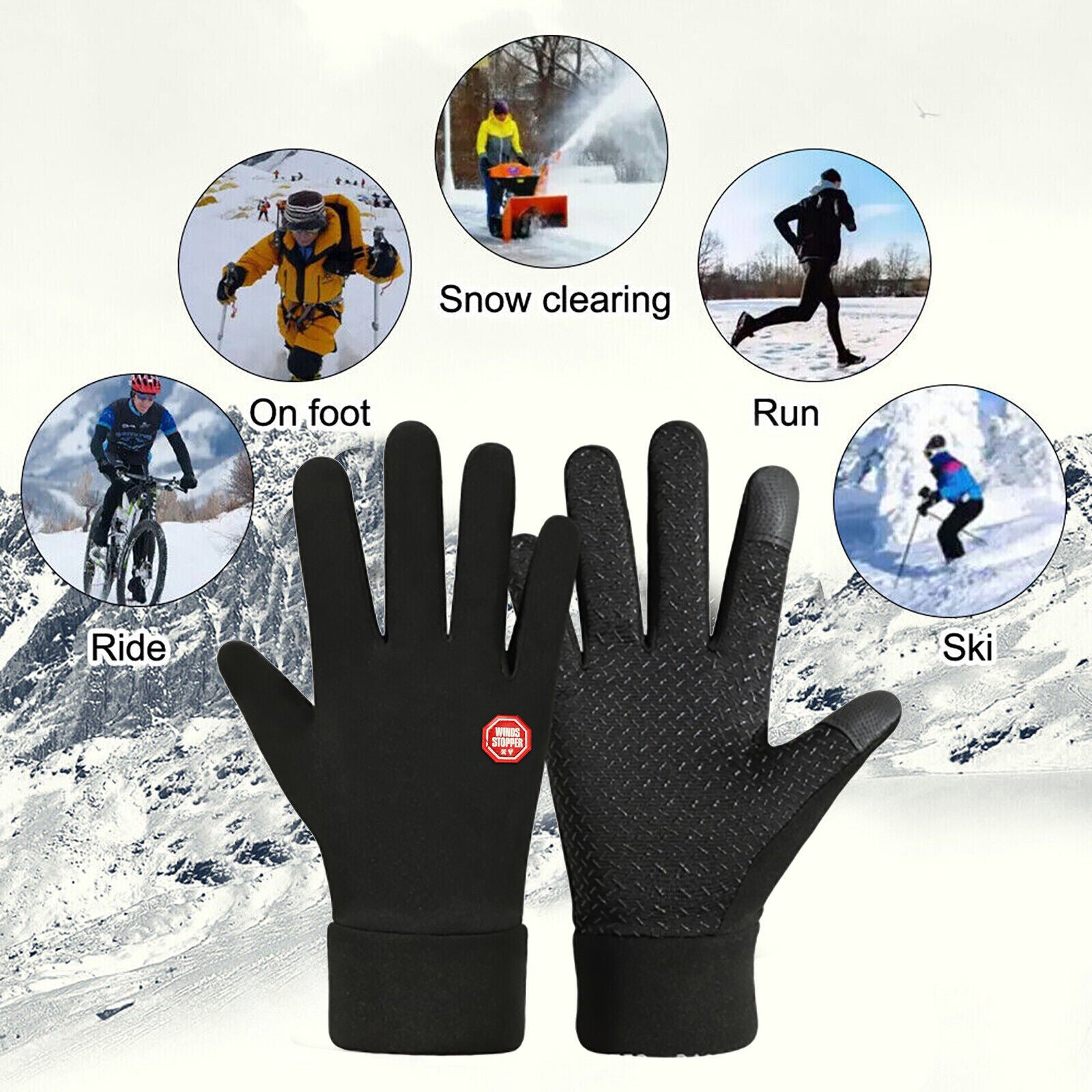 Men's Winter Warm Windproof Waterproof Fleece-Lined Thermal Touch Screen Gloves.