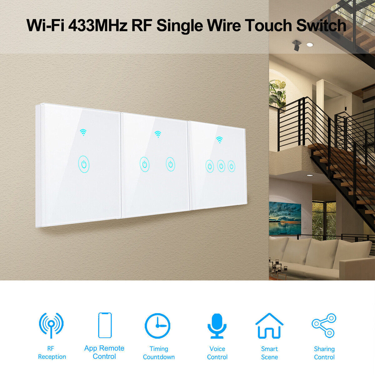Smart WiFi Touch Light Wall Switch – No Neutral Wire Needed, Voice Control with Google Home & Alexa, Sleek Glass Panel