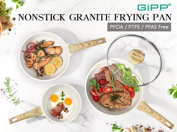 Non-Stick Frying Pan Set (20cm, 24cm, 28cm) – Non-Toxic Granite Skillets with Ergonomic Handle & Glass Lid