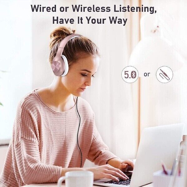 ROSE GOLD Bluetooth 5.0 over Ear Headphones, Soft Pads, Built-In Mic