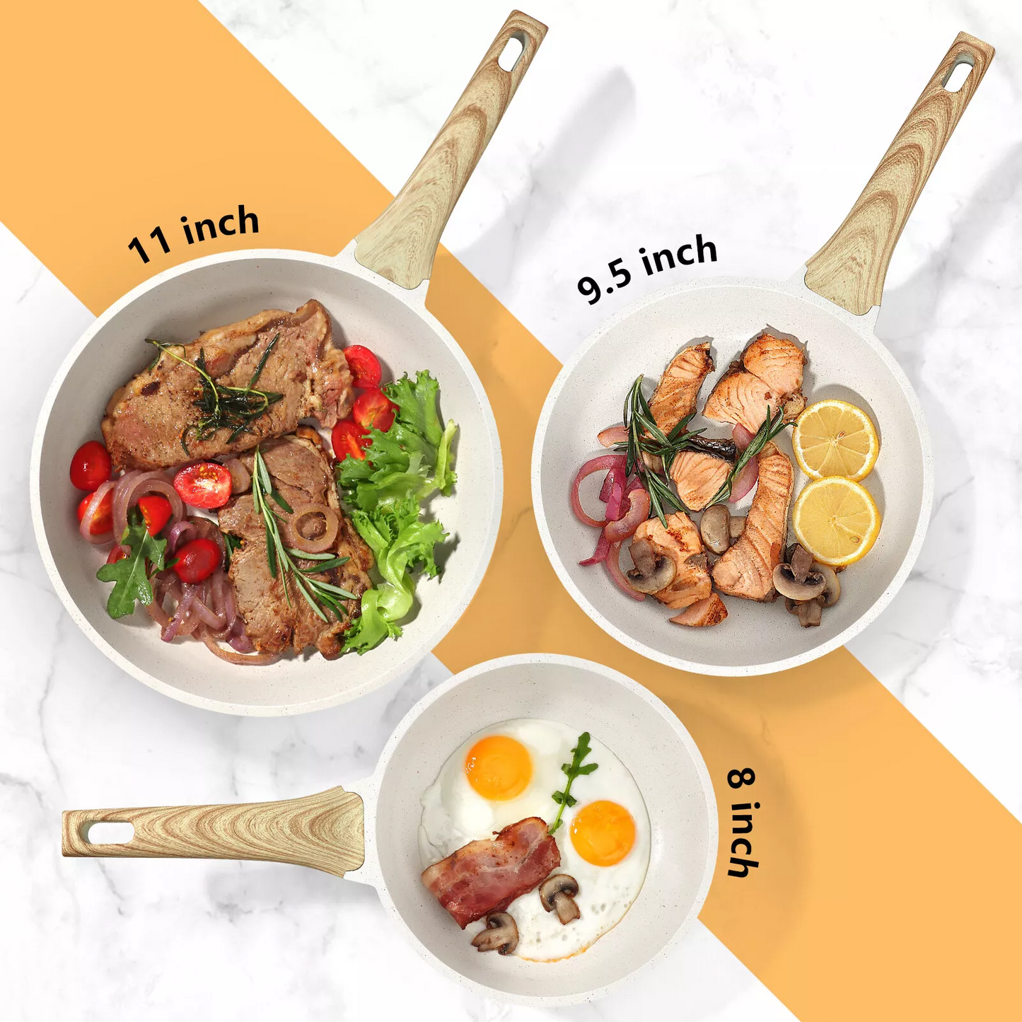 Non-Stick Frying Pan Set (20cm, 24cm, 28cm) – Non-Toxic Granite Skillets with Ergonomic Handle & Glass Lid
