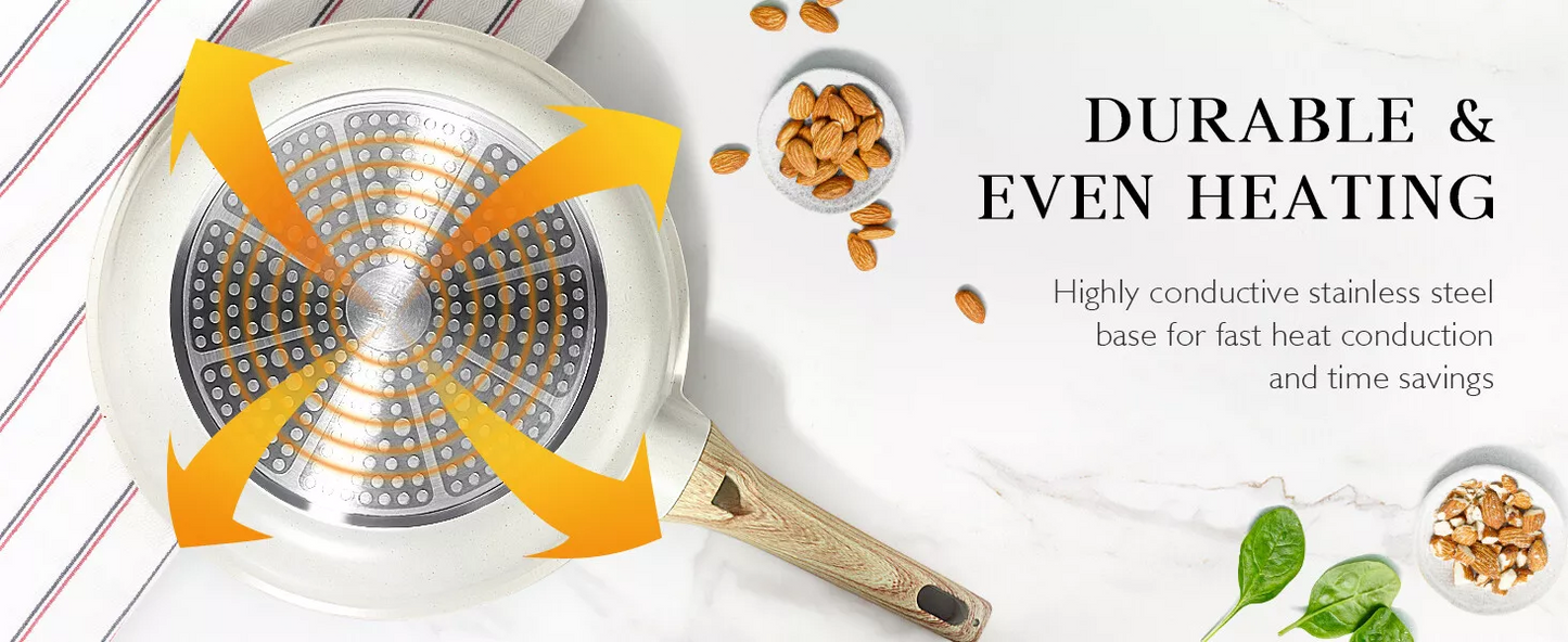Non-Stick Frying Pan Set (20cm, 24cm, 28cm) – Non-Toxic Granite Skillets with Ergonomic Handle & Glass Lid