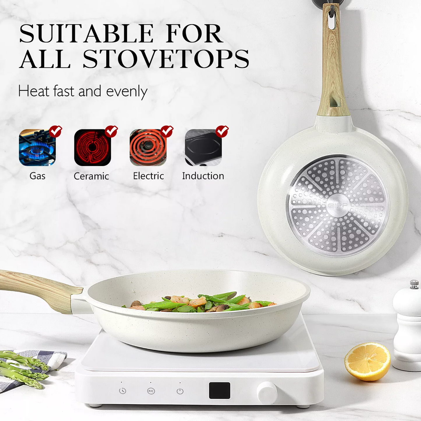 Non-Stick Frying Pan Set (20cm, 24cm, 28cm) – Non-Toxic Granite Skillets with Ergonomic Handle & Glass Lid