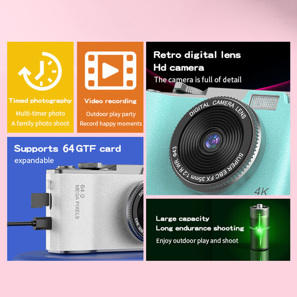 Retro 64MP Digital Camera - HD 1080P, 16X Zoom, 2.4'' LCD, Anti-Shake, with Photo Filters