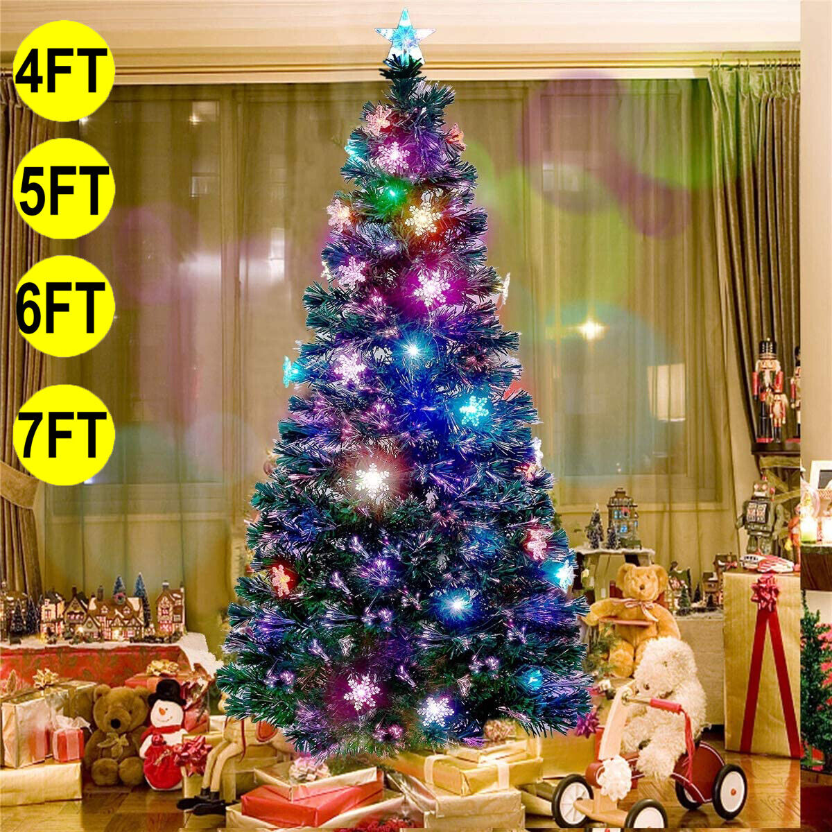 Christmas Tree Pre Lit with LED Lights Bushy Pine Xmas Indoor Decor 4/5/6/7FT