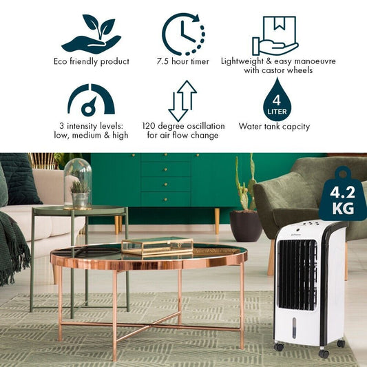 JSH 4L Portable Evaporative Air Cooler & Humidifier – 3-in-1 AC Fan with Remote, Ice Pack & Digital Display – Oscillating Air Cooling Unit for Home & Office