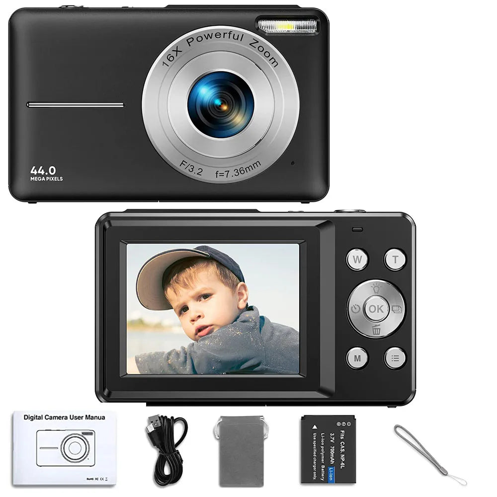 HD 1080P Digital Camera – Compact 44MP Camera with 2.4-Inch LCD Screen, 16X Zoom, and Rechargeable Battery