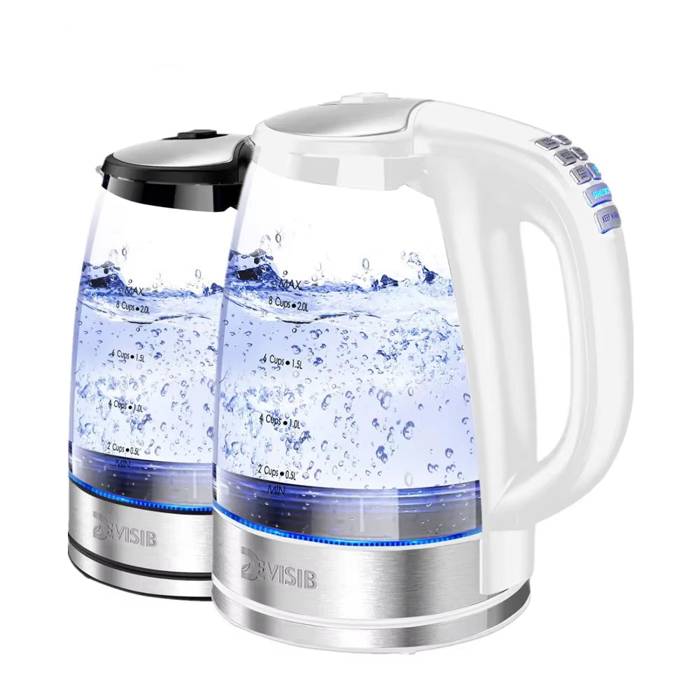 DEVISIB 2L Larger Capacity Electric Kettle Temperature Control 4 Hours Keep Warm 2200W LED Indicator Removable Filter Glass Body