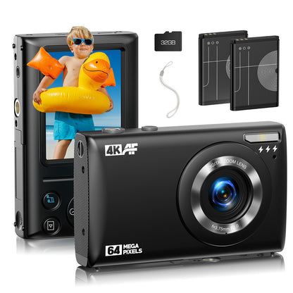 Kids Autofocus Digital Camera, UHD 4K Vlogging Camera with 32GB Card, 18X Zoom - Perfect for Budding Photographers!