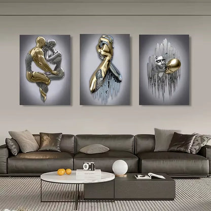 3Pcs Canvas Poster Metal Figure Statue Art Canvas Painting Decor Romantic Abstract Poster Modern Art Living Room Bedroom Decor