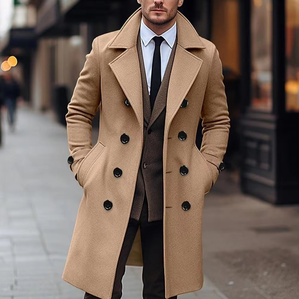 Men's Solid Color Long Woolen Coat - Lapel, Long Sleeve, Double-Breasted Windbreaker with Pockets, Mid-Length Outwear