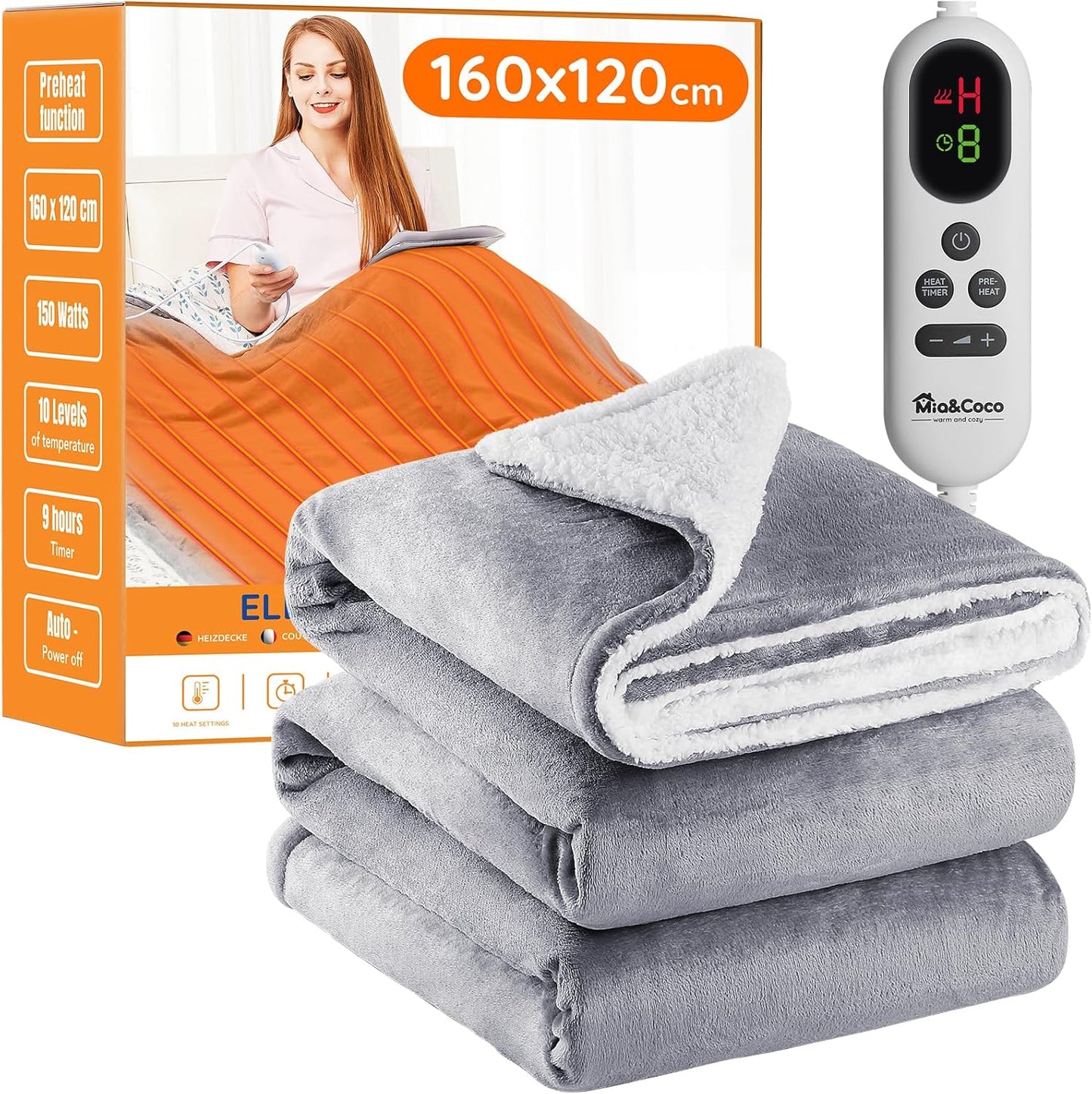 Electric Heated Blanket Throw Flannel Sherpa Fast Heating 120X160Cm, 10 Heat Levels & Up-To-9-Hours Auto-Off Timer & LED Display, for Home Office Use, Machine Washable, ETL Certified, Grey