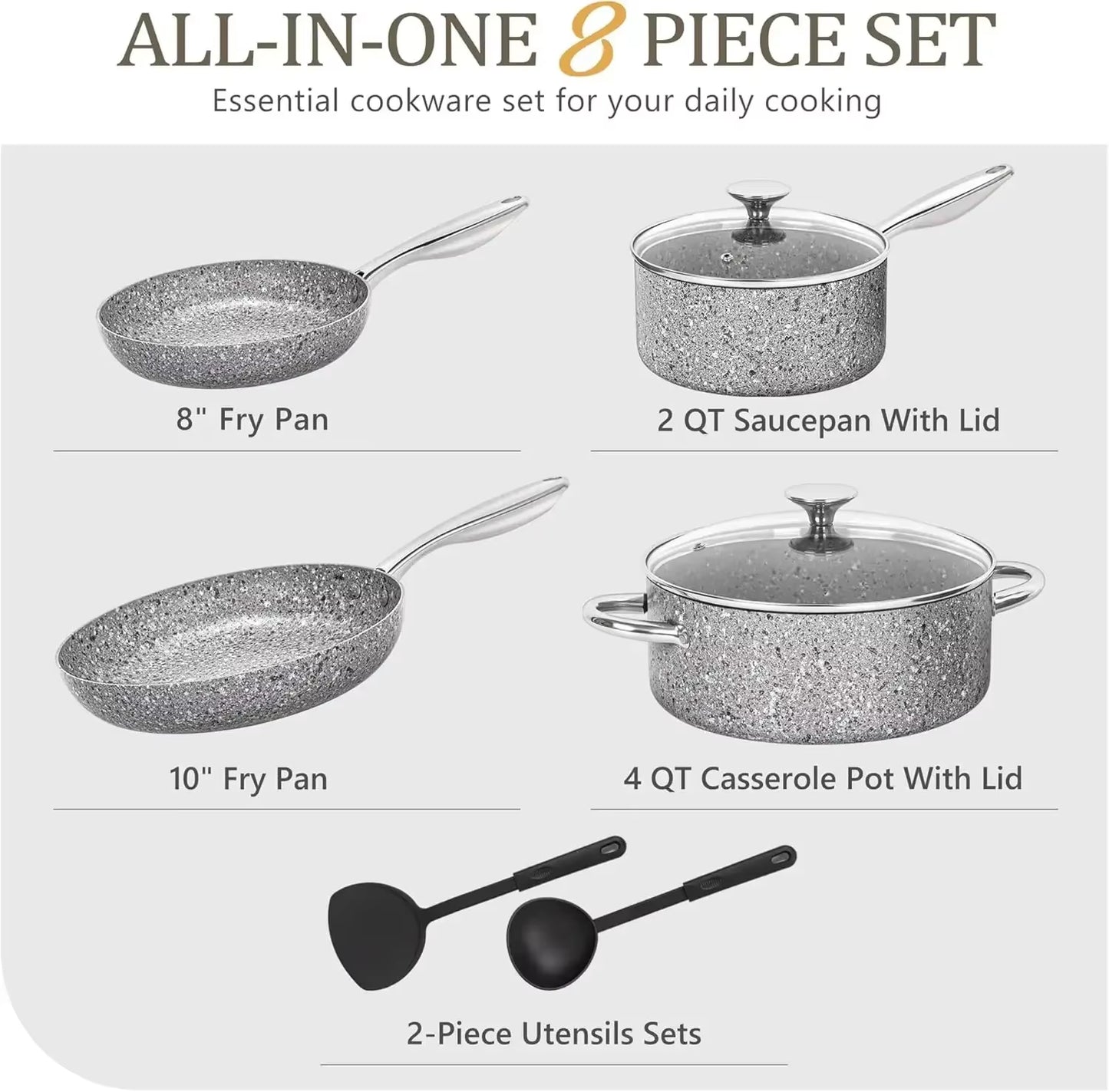 8-Piece Stone Cookware Set with Ultra Nonstick Coating – Pots, Pans & Wok Set