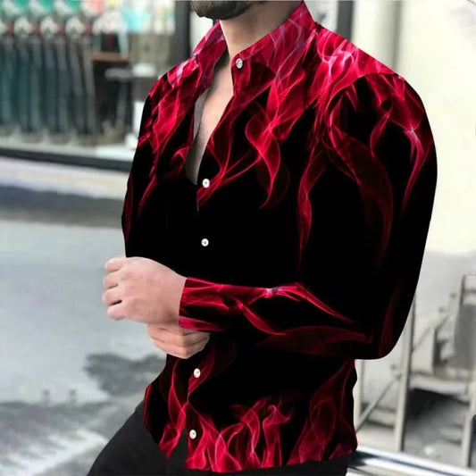 Fashion New Men Shirts Turn-Down Collar Buttoned Shirt Spring and Autumn Casual Flame Print Long Sleeve Tops Mens Clothes