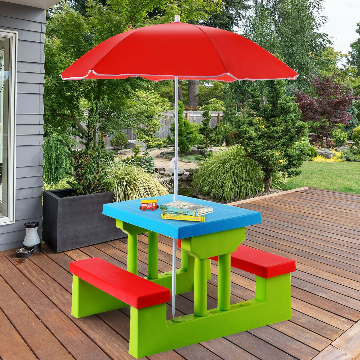 Kids Picnic Play Table Set with Removable Umbrella