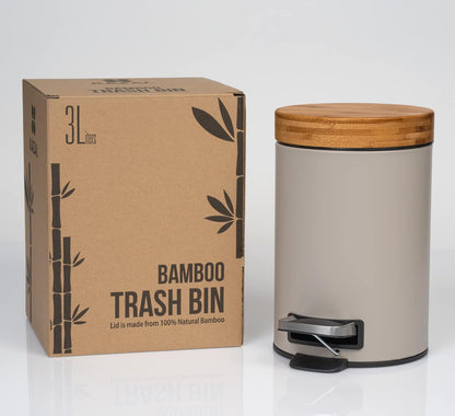 3L Designer Bathroom Bin | Superior Bamboo | Soft Closing | Anti-Finger | Taupe (Bright)