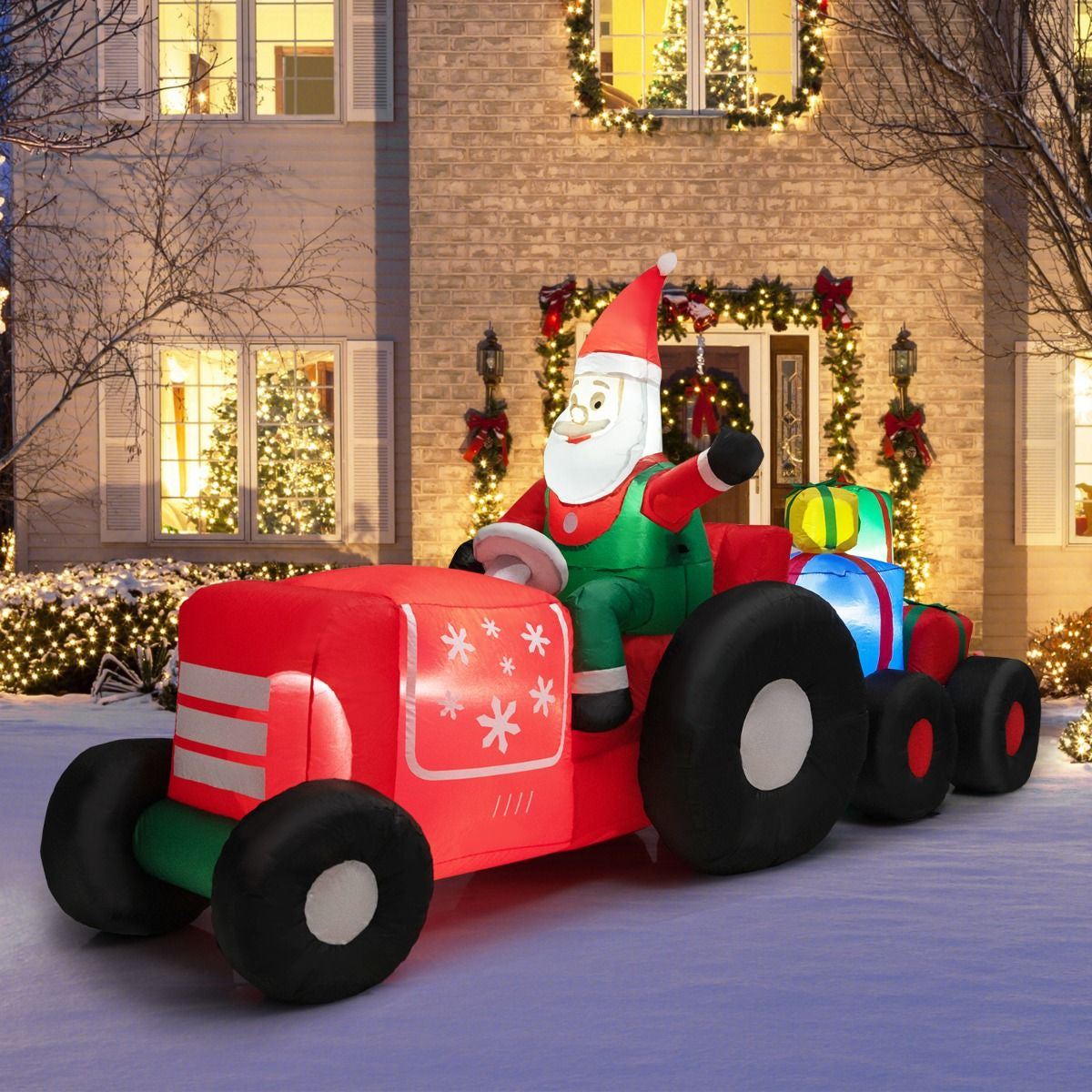 Inflatable Christmas Santa Claus Driving a Tractor with Gifts and LED Lights