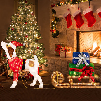 Pre-Lit Lighted Christmas Dog Sleigh Gift Boxes Combo Decoration